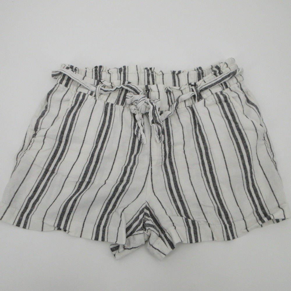 Old Navy Womens 12 Linen Blend Striped Paperbag Waist Shorts Navy White Tie Belt